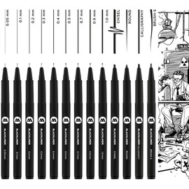 Molotow Blackliner Complete Set of 13 (Line Width 0.05 mm to 1.0 mm and Special Tips, Fineliner with Permanent, Indelible Ink) 13 Pieces Black