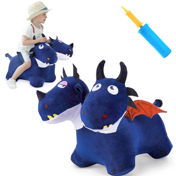iPlay, iLearn Bouncy Pals Toddler Animal Hopper Toys, Kids Plush Blue Hopping Horse, Inflatable Ride on Dragon W/Pump, Indoor Outdoor Jumper, Birthday Gifts for 18 24 Month 2 3 4 Year Old Boy Girl