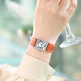 VXFAIZY Rectangular Watch for Women with Vintage Roman Number and Leather Strap (Khaki Silver)