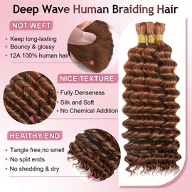FONFUNY Human Braiding Hair for Boho Braids 120g Deep Wave Boho Bulk Human Hair for Braiding Knotless 12A Curly Wet and Wavy Bohemian Braids No Weft 3 Bundles/Pack Auburn Ginger 18 Inch