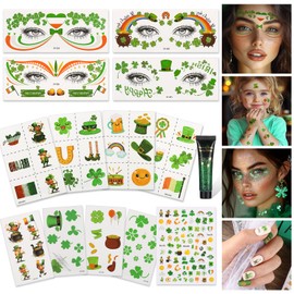 14PCS St Patricks Day Temporary Tattoos Kit–12 Sheets Shamrock Irish Party Temporary Tattoos,3D Nail Art Stickers,Green Body Glitter–Waterproof Safety Saint Patricks Day Accessories for Kids Women Men
