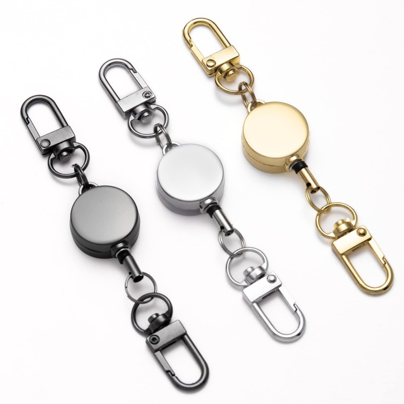 3 Pack Retractable Key Chain Key Ring, Zinc Alloy Metal
