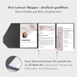 Lemani® Premium 4 Piece Application Folders in Dark Grey with 2 Spine Bars – Premium Quality from German Manufacturer – with High-Quality Embossing 'Bewerbung' [German Product]