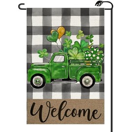 Shamrocks Truck St Patricks Day Garden Flag 12x18 Inch Vertical Double Sided Buffalo Plaid Welcome Small Flags Farmhouse Outside Decoration For Yard (ONLY FLAG) SP26