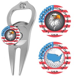LinksWalker USA Flag 6-in-1 Golf Divot Tool Set, 2 Ceramic Poker Chip Golf Ball Markers Made in USA (Nickel)