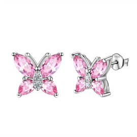 Aurora Tears Butterfly Necklace Earrings Rings Birthstone Jewellery Set Pendant Dating Pendant Gifts for Women and Girls 925 Sterling Silver, Earrings, J.pink tourmaline