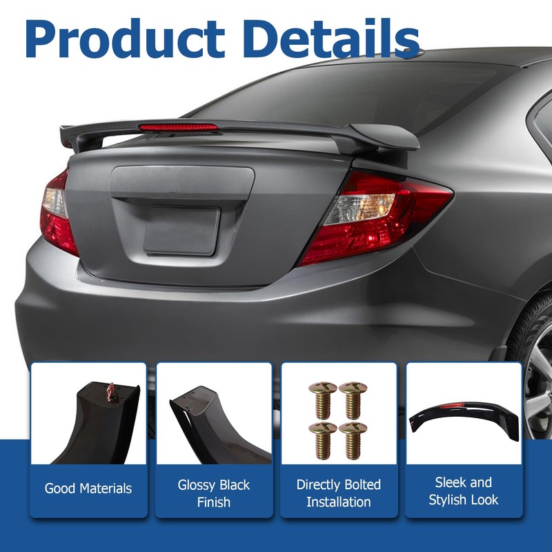 WFLNHB Glossy Black Trunk Spoiler Wing with Brake Light Lamp