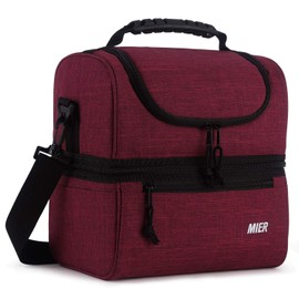 MIER Insulated Lunch Box Insulated Cool Tote Bag Lunch Kit for Men, Women, Double Deck Cooler (Dark Red, L)