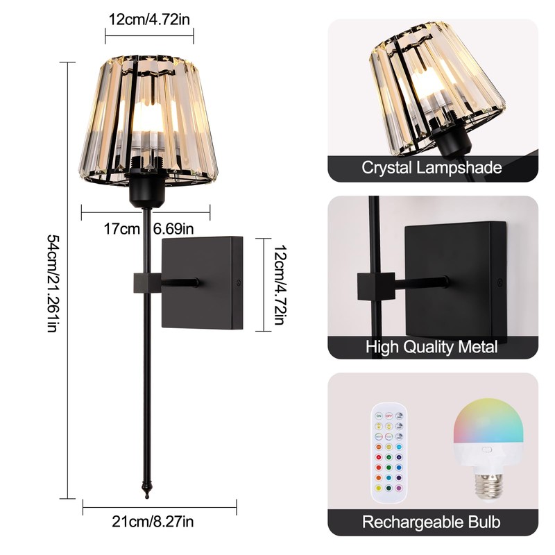 Battery Operated Crystal Wall Sconces Set of 2,Black Rechargeable Wireless