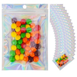 100 Pieces Resealable Mylar Bags, Small Holographic Packaging Bags, Smell Proof Mylar Bags for Food Storage/Jewelry/Eyelash for Small Business (Holographic, 3.5x4.7 Inch)