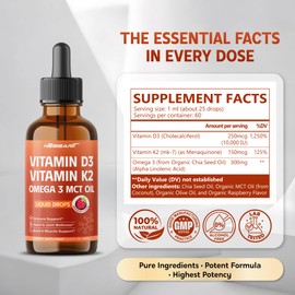 NESSARIT Vitamin D3 10,000 IU & K2 150mcg Liquid Drops with Omega 3 MCT Oil - Immune Support, Heart & Joint Wellness, Bone & Muscle Support - Raspberry Flavor - Made in USA - 2.0 fl oz (60ml)