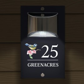 Custom Signs Solar Illuminated Modern Anthracite House Number Sign 24cm x 14.5cm Blue Bird Design