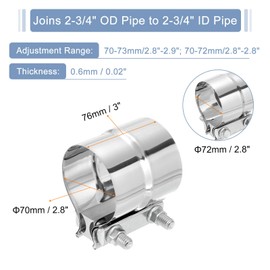 sourcing map 2-3/4" Exhaust Clamp, 304 Stainless Steel Butt Joint Band Clamp Sleeve Coupler Pipe Repair Clamp Universal Widening Clamp for 2-3/4" OD to 2-3/4" ID Exhaust Pipe Mufflers, Silver