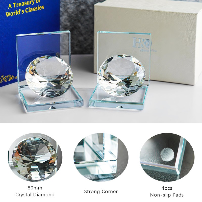 1 Pair Crystal Bookends with 80mm Clear Diamond, L Shaped