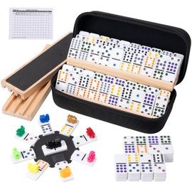 OZFRHO Mexican Train Dominoes Set with 4 Wooden Racks, Double 12 Dominos Game with 91 Dot Tiles, 9 Trains, Hub, Classic Family Board Game for Adults Kids, Travel,Party