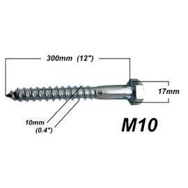 LLB 300mm Screws M10 Coach Screws Wood Hex Head Width 17mm Pack of 6 Zinc Plated Sleeper Concrete Screw Hexagon Lag Half Thread Bolts Silver Long 12 inch x 0.4 inch (10mm x 300mm)