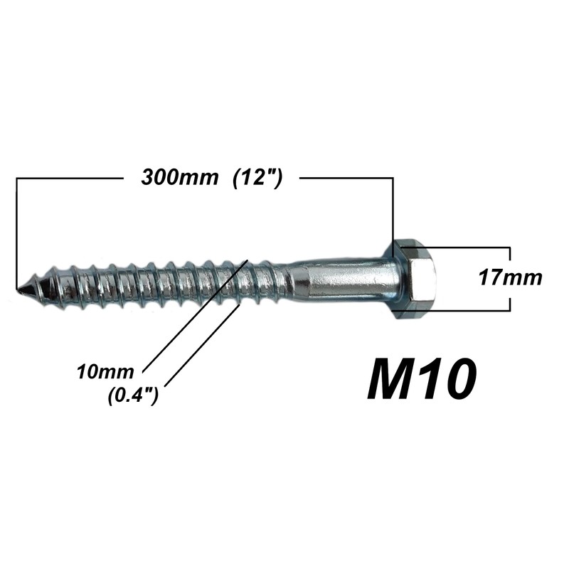 LLB 300mm Screws M10 Coach Screws Wood Hex Head Width