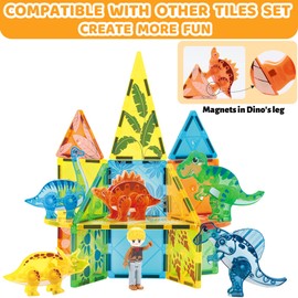 OMIPAWZ Dinosaur Magnetic Tiles, Dino Magnet Building Construction Toy for Boys Girls Kids Age 3 4 5 6 7 8 (49 PCS)