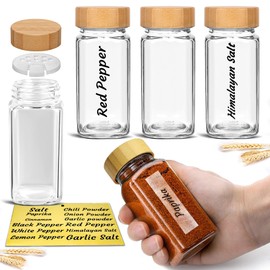 Glass Spice Jars with Bamboo Airtight Lids - (4 Pack) - 4 oz Square Spice Bottles with Shaker Lids - Clear Empty Shaker Seasoning Jars with Preprinted Spice Jars Labels for Spice Rack, Drawer, Cabinet