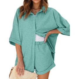 Ekouaer Waffle Knit Lounge Sets for Women Short Sleeve Pajamas Button Down Pjs Oversized Loungewear Shorts Set Mint Green