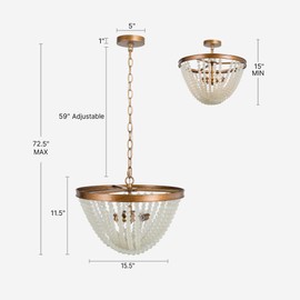 KSANA 3-Light Bohe Beaded Chandelier, Antique Gold Ceiling Light with White Beads for Bedroom, Dining Room, Kitchen and Foyer