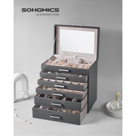 SONGMICS Jewelry Box, 6-Tier Jewelry Organizer, Large Jewelry Case with Big Mirror, 5 Drawers, Large Capacity, Jewelry Storage, Modern Style, Gift for Loved Ones, Gray UJBC138G01