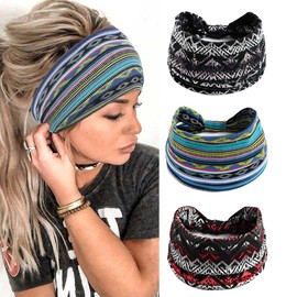 Yean Boho Wide Headband, Blue Hair Band, Striped Headscarf, Breathable Knotted Turban Stretch Head Accessories for Women and Girls (3 Pieces) Striped, Blue)
