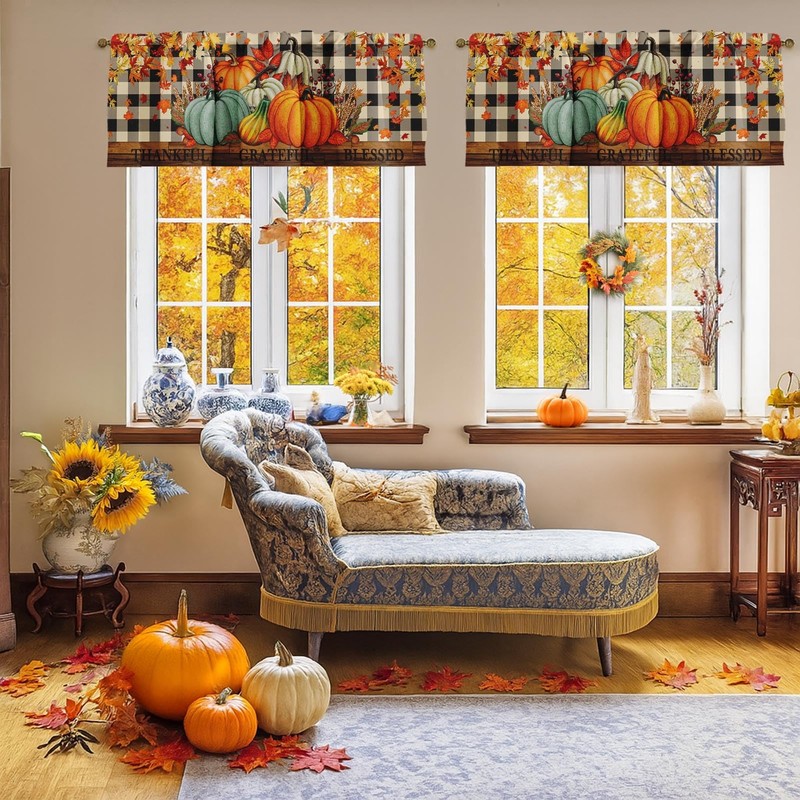 Nesphy Valances for Windows, 2 Pack, 52x18 Inch, Pumpkins Plaid