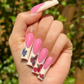 FOXIIU Press on Nails Long Coffin Shaped Glossy Full Cover Acrylic Long Length French False Nails with Designs Artificial Long Square Fake Nails with Charms Glue ons Fingernails for Women(GZ1036)