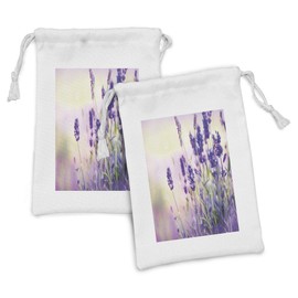Lunarable Lavender Fabric Pouch Set of 2, Dreamlike Spring Day with Fresh Blossoms Aromatic Delicate Wild Flowers, Small Drawstring Bag for Toiletries Masks and Favors, 9" x 6", Lavender Lilac Green