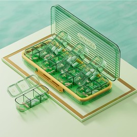 ROWNYEON Weekly Pill Box Organiser Pill Boxes 7 Day 3 Times a Day,Portable Daily Tablet Organiser Pill Dispenser with 21 Copartments to Hold Vitamins, Cod Liver Oil, Supplements and Medication,Green