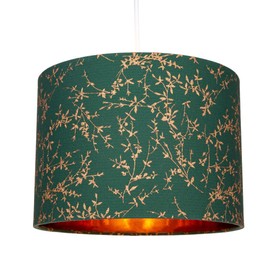 Modern Deep Forest Green Cotton Fabric 10" Lamp Shade with Copper Foil Floral Decoration Suitable for Table or Ceiling Usage | 25cm Diameter | 60w Maximum by Happy Homewares