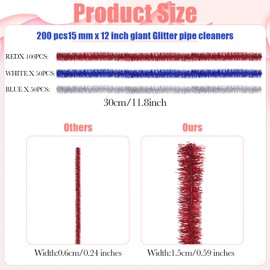Foilswirl 200 Pcs Large Glitter Pipe Cleaners 15mm x 12 Inch Sparkly Metallic Pipe Cleaners Bulk for St. Patricks Valentine's Independence Day Handmade Christmas DIY Crafts(Red,White,Blue)