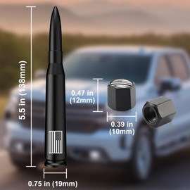 Car Truck Bullet Antenna with Tire Valve Caps American Flag Universal Short Replacement for GMC Sierra Chevy Silverado Dodge Ram 1500 2500 3500 Ford F150 F250 F350 Super Duty Accessories, Matte Black