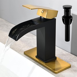 BRAVEBAR Black and Gold Waterfall Bathroom Faucet - 4In Single Handle Bathroom Sink Faucets 1 or 3 Hole Solid Vanity Faucet with Deck Plate & Overflow Pop Up Drain