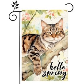 Dog Cat Spring Flower Garden Flag 12x18 Double-sided Burlap Welcome Garden Yard House Flag for Outdoor welcome Spring Summer Decoration