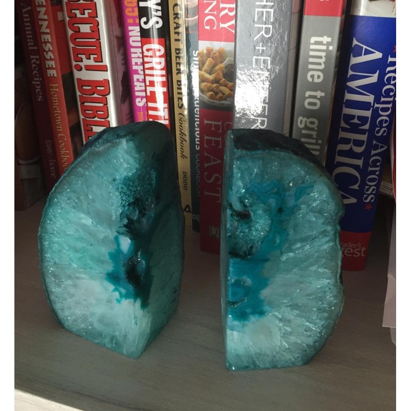 AMOYSTONE Teal Agate Geode Bookends, Unique Natural Crystal Book Holder