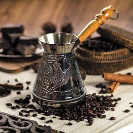 Turkish Cezve 7 Fl Oz - 200 ml Leopard Copper Cezve Large Turka Turkish Coffee Pot Greek Arabic Coffee Pot with Wooden Handle Jezve Maker