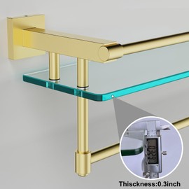 Bathroom Glass Shelf Towel Rack Shelf Glass Organizer Wall-Mounted Bathroom Storage SUS304 Stainless Steel Towel bar/Track Wall-Mounted Tempered Glass Stainless Steel Shelf (Brushed Gold, 20-inch)
