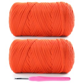 2 Pack Tshirt Yarn for Crochet - 800 g/260 yds T Shirt Yarn for Crocheting Bags/Baskets/Home Decor - Soft Elastic Fabric T-Shirt Yarn with 1 Crochet Hook (2, Orange Red)