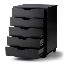 DORTALA 5 Drawer Chest File Cabinet with Wheels, Versatile Mobile Under Desk Office Storage Cabinet, Wood Filing Cabinet for Home Office, Black