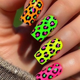 MERVF Square Press ons Nails Medium Fake Nail Colorful Leopard Print Glue ons Wild Acrylic Nail Neon Summer Squoval Manicure Supplies Art 24pcs Glossy