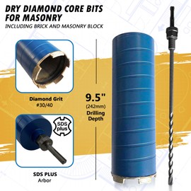 3" Diamond Dry Core Bit for Brick and Block with SDS Plus Pilot Bit Adapter, 9.5" Drilling Depth