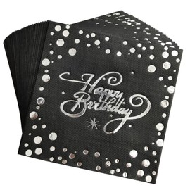 40 pcs Birthday Party Paper Napkins Black and Silver,Disposable Paper Napkins with Silver Stamping for Adults and Kids Birthday Party (6.5x6.5 In)
