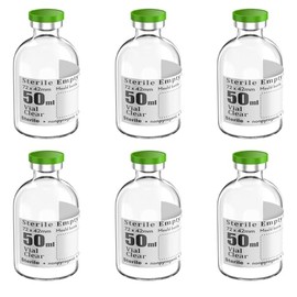 Biocomma 6pcs 50ml Sterile Empty Vial with Plastic Aluminum Caps，Penicillin Bottle 20mm Crimp Top Sterile Transparent Borosilicate Lab Sample Vial (Transparent)