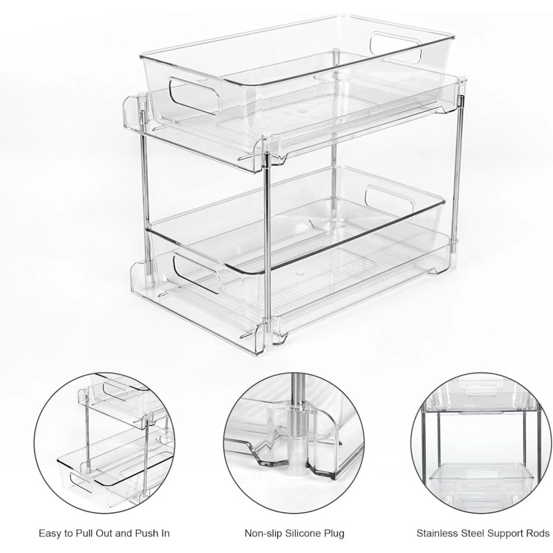 COKIHOM 1-Pack 2-Tier Clear Pull-Out Organizer with Track for Bathroom