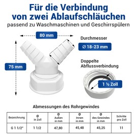 VIOKS Washing Machine Drain Adapter with Pipe Thread Dimensions 1 1/2 Inch Hose Connection & Y Splitter Washing Machine Dishwasher Connection Drain Drain Set Plastic