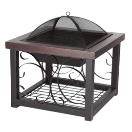 Fire Sense Hammer Tone Bronze Finish Cocktail Table Fire Pit | Wood Burning | Steel Mesh Spark Screen, Wood Grate, and Screen Lift Tool Included | Square Steel Fire Pit with Log Storage Rack |