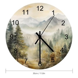 LOMADIA Forest Wall Clock, Watercolor Mountain Forest Nature Tree Woodland Round Clocks Wall Decor Silent No Ticking 12 Inch Wooden Clock for Bedroom Living Room Home Office