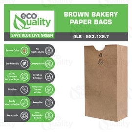 EcoQuality 500 Brown Kraft Paper Bag (4 lb) Small - Paper Lunch Bags, Small Snacks, Gift Bags, Grocery, Merchandise, Party Bags (4 7/8 x 3 x 10 in.) (4 Pound Capacity)